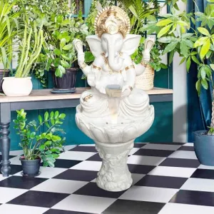 Art N Hub Big Size Ganesha FRP Indoor Outdoor Waterfall Fountain Office Decorative Items Best Welcome Gifts for Guest Also Best Gift Items for Home Decoration (60 x 54 x 140 CM | Ivory & Golden)