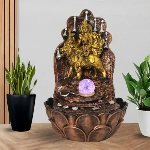 Art N Hub MATA Durga Indoor Tabletop Fountain for Home & Office Decor with Crystall Ball LED Light Color | Home Decorative Gift Items (27 x 27 x 40 CM | Golden Copper & Silver)