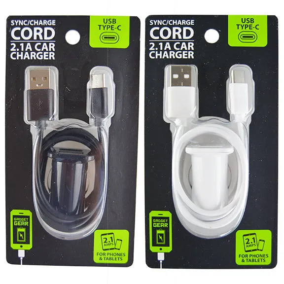 Car Charger with USB to USB-C Charging Cable Set 2.1 Amp - 2 Pieces Per Pack 26403