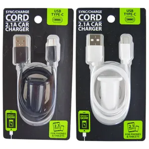 Car Charger with USB to USB-C Charging Cable Set 2.1 Amp - 2 Pieces Per Pack 26403