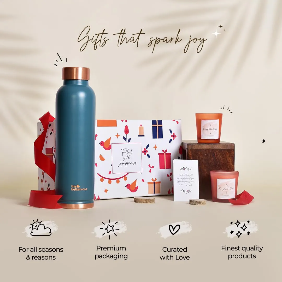 Gleevers Gift Set for Housewarming,Diwali | Gift Box of 3 with Copper Bottle (Teal, 1 LTR) & 2 Candles (60gm) | Gift for Housewarming, Diwali Gift